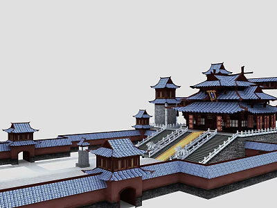 Traditional Ancient Chinese Architecture With Blue Tiled Roofs Multiple Towers And Stone Steps 3d model