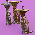 Multiple Brass French Horns Musical Instruments Stacked On Purple Background
