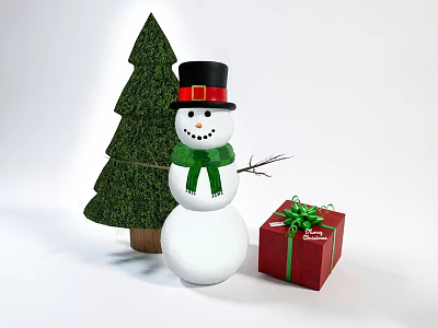 Christmas Decorative Ornament Set With Snowman Figure Green Pine Tree And Red Gift Box 3d model