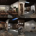 Traditional Chinese Cultural Center Interior With Calligraphy Exhibits And Wooden Display Cabinets