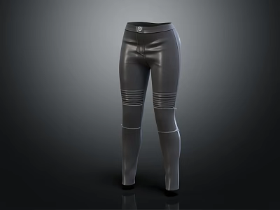 Slim Fit Gray Leather Leggings With Stitched Details And Waist Buckle 3d model