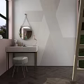 Modern Dressing Table With Round Mirror Pink Lamp And Geometric Pattern Wall 3d model