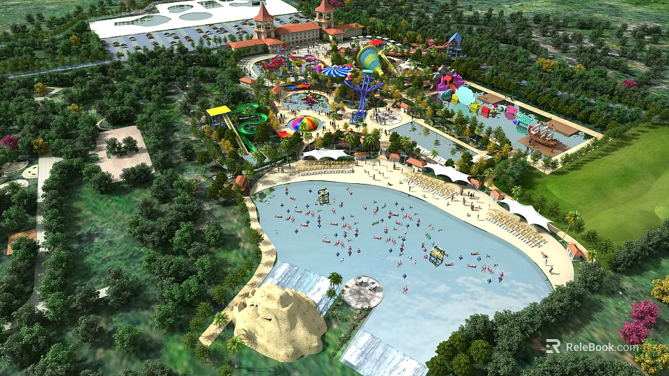 Amusement Park With Water Slides Swimming Pool Green Trees Shade Umbrellas And Recreation Facilities 3d model 