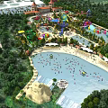 Amusement Park With Water Slides Swimming Pool Green Trees Shade Umbrellas And Recreation Facilities