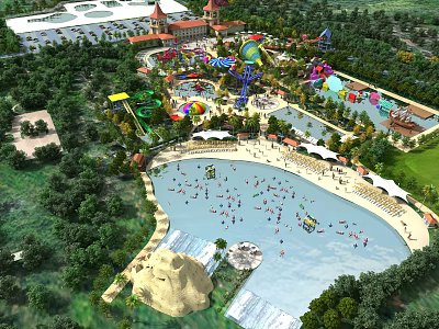 Amusement Park With Water Slides Swimming Pool Green Trees Shade Umbrellas And Recreation Facilities 3d model