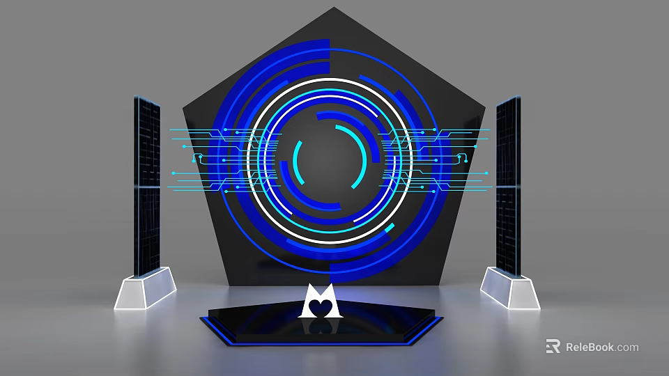 Futuristic Black Pentagon Structure With Blue White Circular Halos Connecting Lines And Heart Logo 3d model 