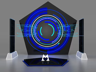 Futuristic Black Pentagon Structure With Blue White Circular Halos Connecting Lines And Heart Logo 3d model