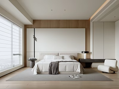 Modern Bedroom Interior Design With Wooden Wall Large Bed Nightstand Chair And Rug 3d model