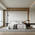 Modern Bedroom Interior Design With Wooden Wall Large Bed Nightstand Chair And Rug