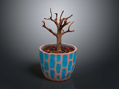 Potted Leafless Tree Plant In Blue Brown Geometric Pattern Pot With Gray Background 3d model