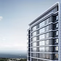 Modern Residential Building Exterior With Glass Windows Stone Facade And Pedestrians At Entrance