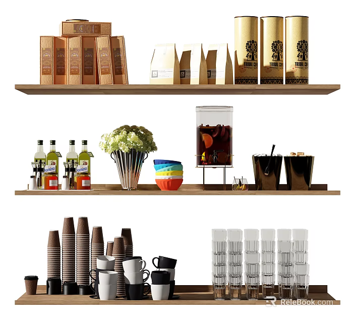 Assorted Cups and Glasses Arranged on Three Wooden Shelves with Decorative Items 3d model 