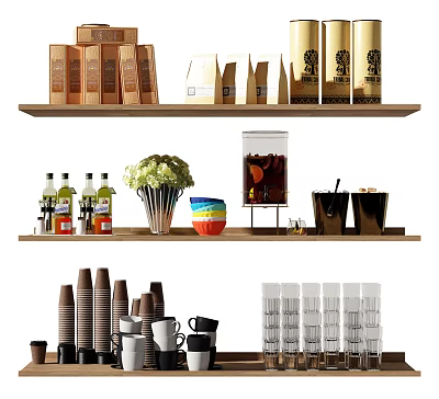 Assorted Cups and Glasses Arranged on Three Wooden Shelves with Decorative Items 3d model
