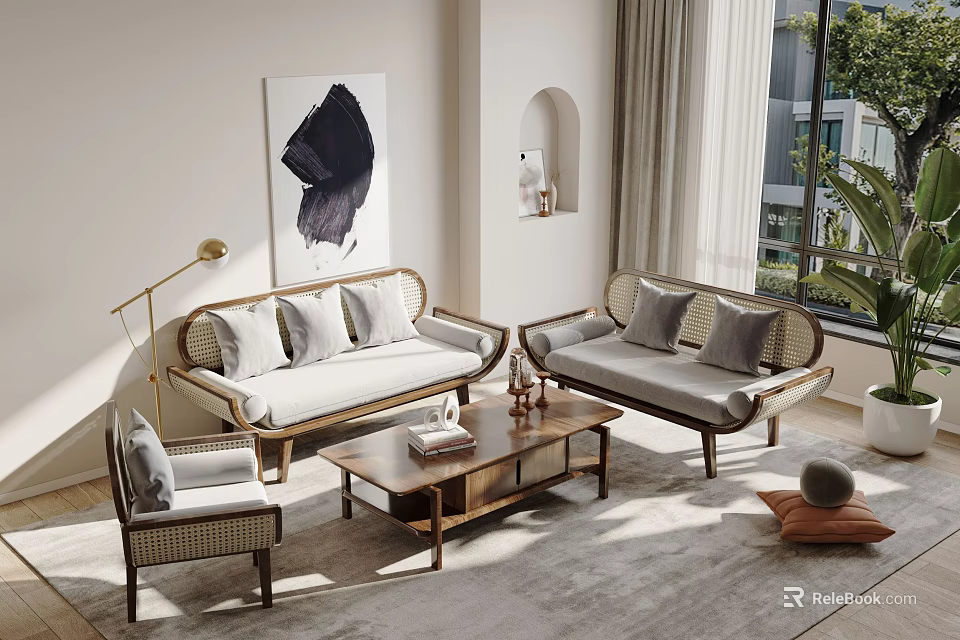 Modern Rattan Sofa and Coffee Table Set with Beige Cushions in Neutral Living Room 3d model 