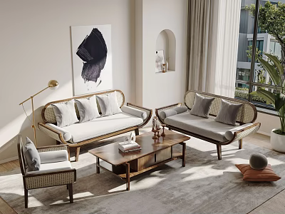 Modern Rattan Sofa and Coffee Table Set with Beige Cushions in Neutral Living Room 3d model