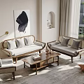 Modern Rattan Sofa and Coffee Table Set with Beige Cushions in Neutral Living Room