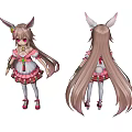 Anime Game Character With Rabbit Ears Long Pink Hair Pink White Dress And Red Shoes