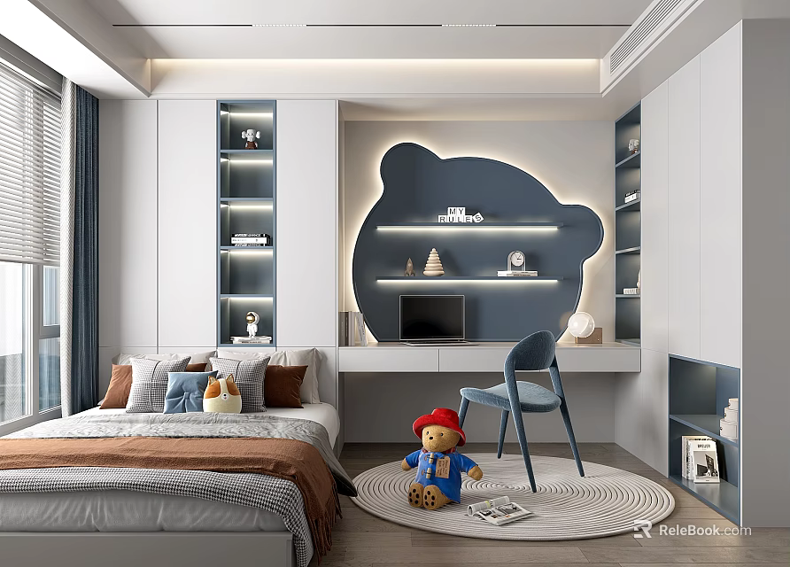 Tatami Bedroom Interior With Bed Pillows Stuffed Toys Desk Blue Chair And Bear Shaped Shelf 3d model 