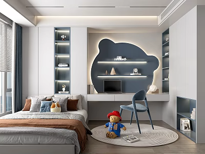 Tatami Bedroom Interior With Bed Pillows Stuffed Toys Desk Blue Chair And Bear Shaped Shelf 3d model