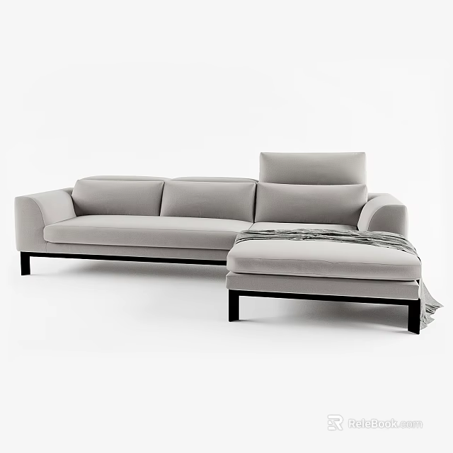 Modern Light Gray Sectional Sofa With Upholstered Fabric Black Legs And Ottoman 3d model 