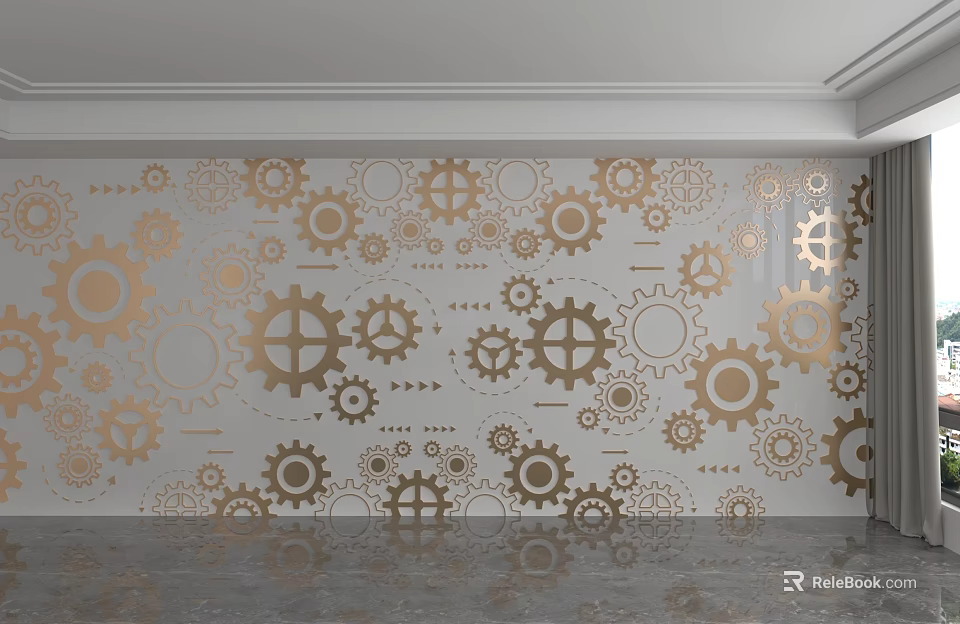 Intricate Golden Gears Decorative White Background Wall With Modern Design 3d model 