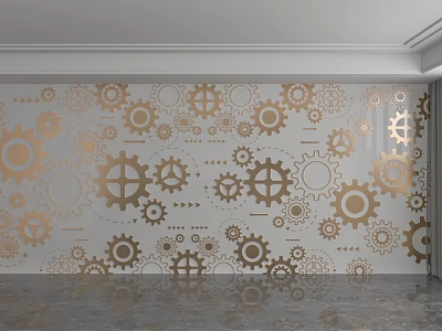 Intricate Golden Gears Decorative White Background Wall With Modern Design 3d model