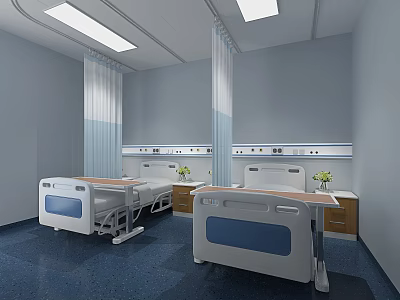 Modern Hospital Room Interior With Two Beds Blue Floor White Walls And Curtains 3d model