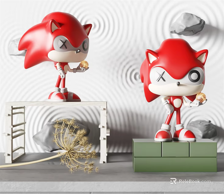 Red Hedgehog Shaped Cartoon Characters With X Eyes Holding Snacks On Platforms Near Wavy Wall 3d model 