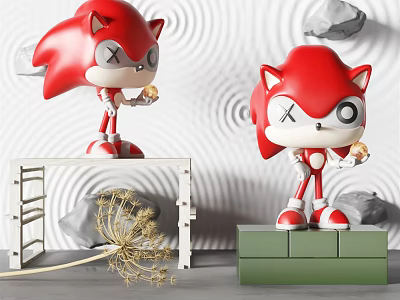 Red Hedgehog Shaped Cartoon Characters With X Eyes Holding Snacks On Platforms Near Wavy Wall 3d model