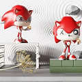 Red Hedgehog Shaped Cartoon Characters With X Eyes Holding Snacks On Platforms Near Wavy Wall