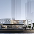 Modern Sales Office Building With Glass Curtain Wall Stone Facade And Urban Pedestrians