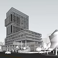 Modern Office Building Featuring Glass Facade Geometric Design With Trees Pedestrians And Street