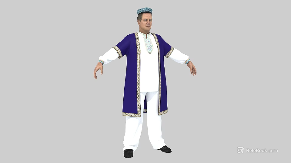 Man In Blue Robe White Pants Traditional Hat And Decorative Pendant With Arms Outstretched 3d model 