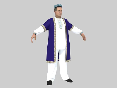 Man In Blue Robe White Pants Traditional Hat And Decorative Pendant With Arms Outstretched 3d model
