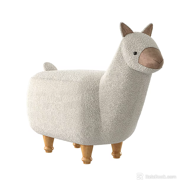 Cute Llama Shaped Fluffy Stool With Light Gray Fleece And Wooden Legs 3d model 
