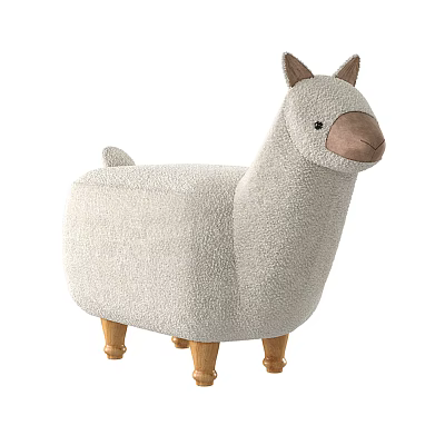 Cute Llama Shaped Fluffy Stool With Light Gray Fleece And Wooden Legs 3d model