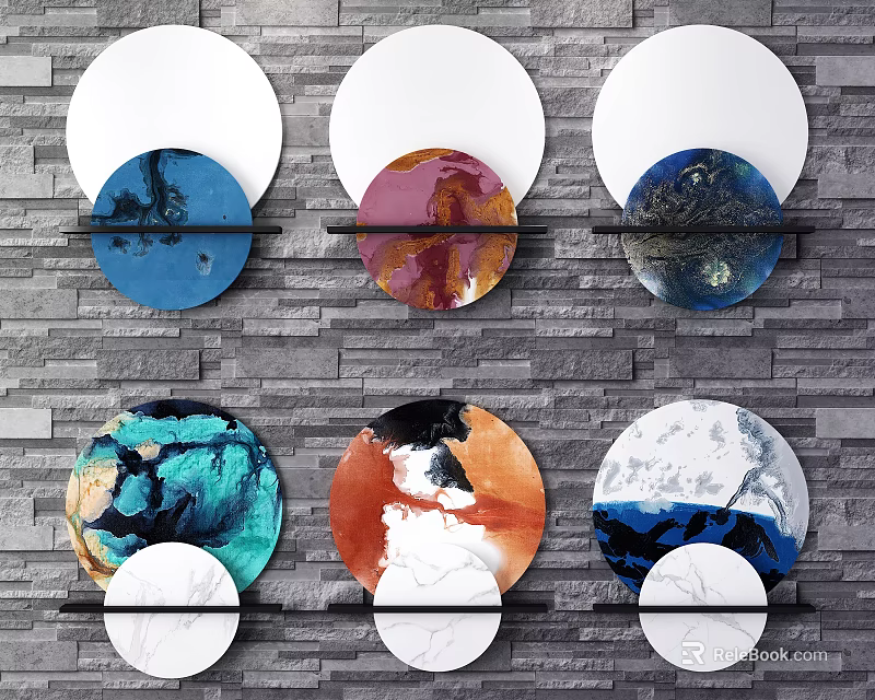 Multiple Round Abstract Wall Decor with Colorful Patterns on Stone Wall 3d model