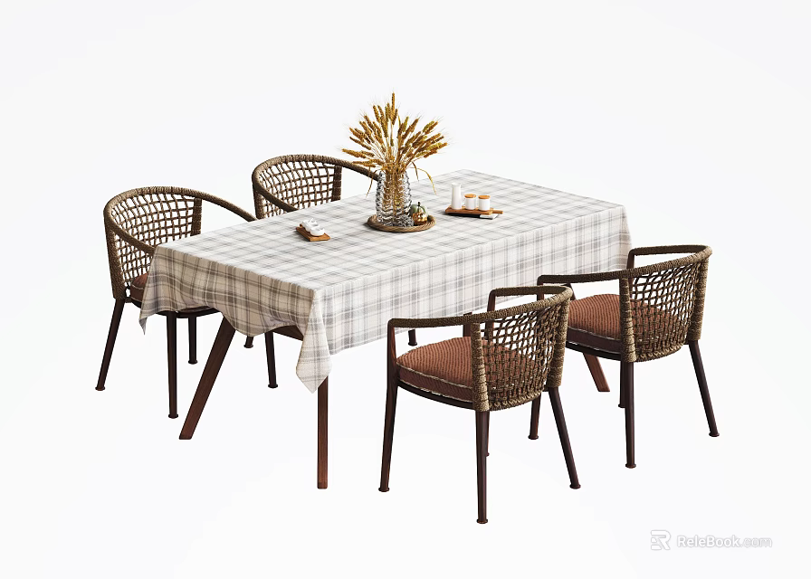 Rattan Dining Table Set with Plaid Tablecloth and Four Chairs with Dried Plants on Top 3d model 