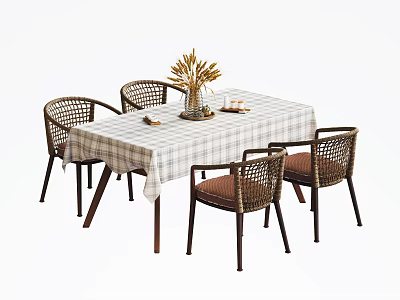 Rattan Dining Table Set with Plaid Tablecloth and Four Chairs with Dried Plants on Top 3d model