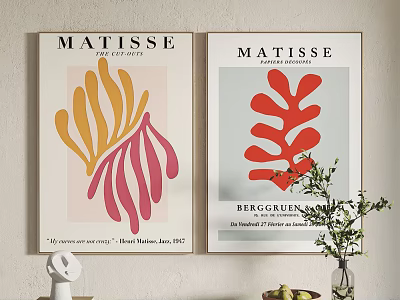 Matisse Abstract Art Wall Posters From Berggruen Gallery With Red Orange Pink Elements And Plants 3d model