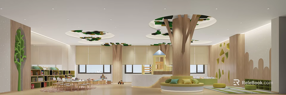 Bright Kindergarten Indoor Space with Circular Ceiling Green Decor Tree like Pillars and Play Areas 3d model 