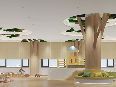 Bright Kindergarten Indoor Space with Circular Ceiling Green Decor Tree like Pillars and Play Areas 3d model