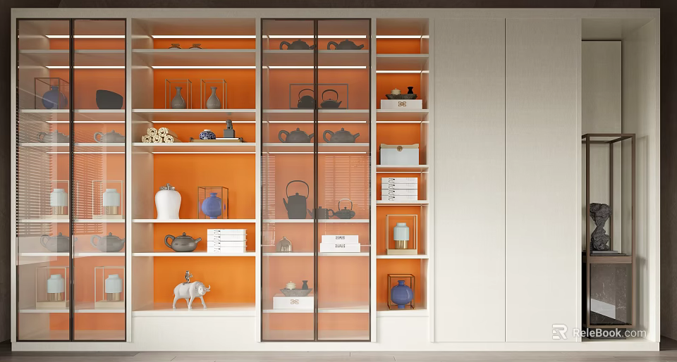 Modern Bookcase With Glass Doors And Orange Shelves Displaying Decorative Items Tea Sets And Books 3d model 