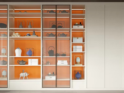 Modern Bookcase With Glass Doors And Orange Shelves Displaying Decorative Items Tea Sets And Books 3d model