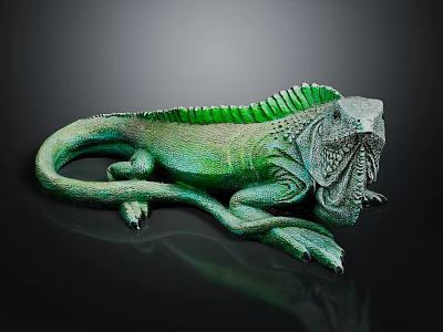 Green Iguana With Spiny Back Scaled Body And Long Tail Resting On Dark Surface 3d model