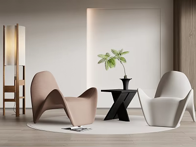 Comfortable Beige White Modern Leisure Chairs With Black Side Table Green Plant And Floor Lamp 3d model