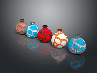 Spherical Ceramic Vessels with Soccer Ball Texture Multiple Colors Arranged on Dark Background with Reflections 3d model