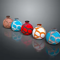 Spherical Ceramic Vessels with Soccer Ball Texture Multiple Colors Arranged on Dark Background with Reflections 3d model