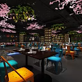 Modern Restaurant Space Featuring Cherry Blossom Decor Green Plants Wine Racks And Colorful Seats