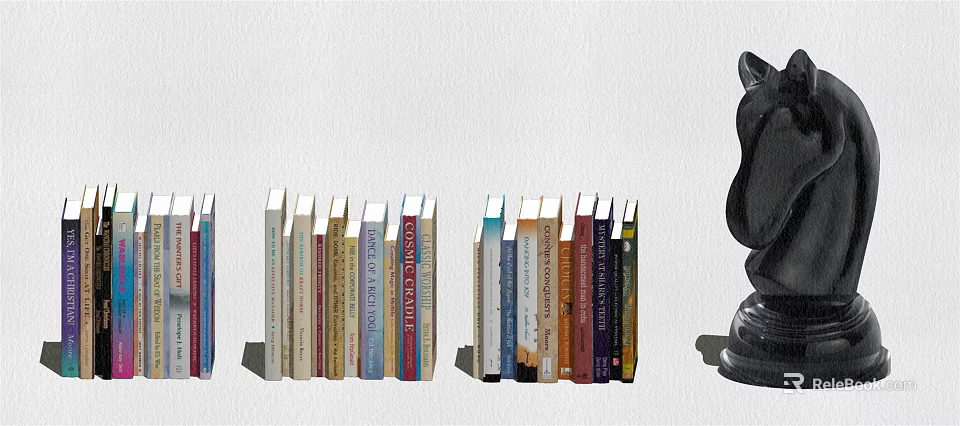 Decorative Ornament Set With Row of Colorful Books and Black Sculpture 3d model 